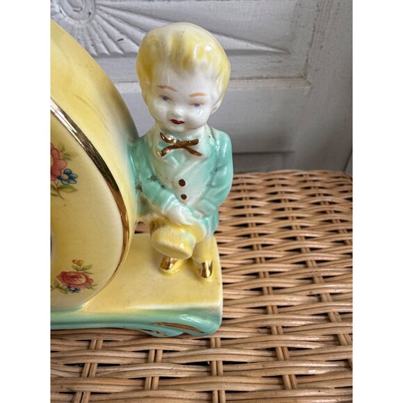 Antique 30s Porcelain Clock Case Frame Boy Girl on ends Roses Green Yellow - Picture 6 of 11
